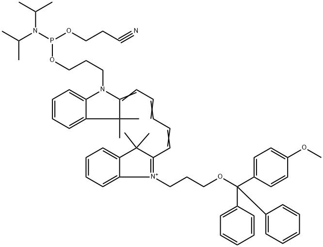 2-[5-[1,3-Dihydro-1-[3-(4-methoxytriphenylmethoxy)propyl]-3,3-dimethyl-2H-indol-2-ylidene]-1,3-pentadien-1-yl]-1-[3-[N,N-diisopropylamino(2-cyanoethoxy)phosphinoxy]propyl]-3,3-dimethyl-3H-indolium Struktur