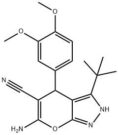 6-amino-3-tert-butyl-4-(3,4-dimethoxyphenyl)-1,4-dihydropyrano[2,3-c]pyrazole-5-carbonitrile 结构式
