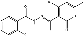 (E)-2-chloro-N'-(1-(4-hydroxy-6-methyl-2-oxo-2H-pyran-3-yl)ethylidene)benzohydrazide 化学構造式