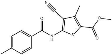 methyl 4-cyano-3-methyl-5-[(4-methylbenzoyl)amino]-2-thiophenecarboxylate Struktur