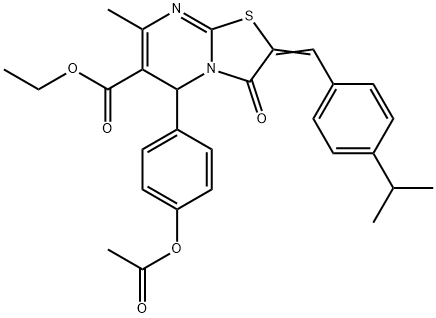 ethyl (2E)-5-[4-(acetyloxy)phenyl]-7-methyl-3-oxo-2-[4-(propan-2-yl)benzylidene]-2,3-dihydro-5H-[1,3]thiazolo[3,2-a]pyrimidine-6-carboxylate Struktur