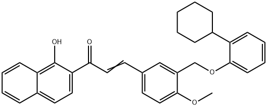 (2E)-3-{3-[(2-cyclohexylphenoxy)methyl]-4-methoxyphenyl}-1-(1-hydroxynaphthalen-2-yl)prop-2-en-1-one 结构式