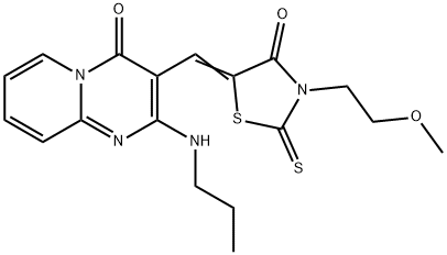 3-{[3-(2-methoxyethyl)-4-oxo-2-thioxo-1,3-thiazolidin-5-ylidene]methyl}-2-(propylamino)-4H-pyrido[1,2-a]pyrimidin-4-one 结构式