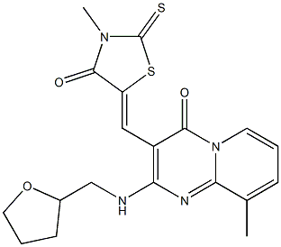 9-methyl-3-[(3-methyl-4-oxo-2-thioxo-1,3-thiazolidin-5-ylidene)methyl]-2-[(tetrahydro-2-furanylmethyl)amino]-4H-pyrido[1,2-a]pyrimidin-4-one Struktur