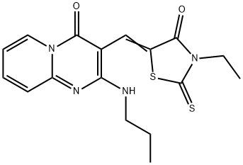 3-[(3-ethyl-4-oxo-2-thioxo-1,3-thiazolidin-5-ylidene)methyl]-2-(propylamino)-4H-pyrido[1,2-a]pyrimidin-4-one Struktur