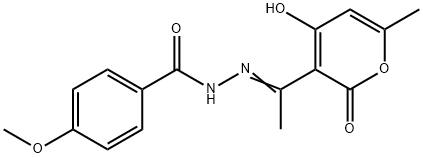 (E)-N'-(1-(4-hydroxy-6-methyl-2-oxo-2H-pyran-3-yl)ethylidene)-4-methoxybenzohydrazide 化学構造式