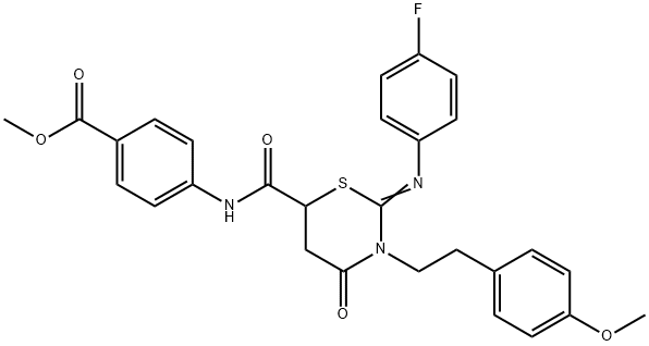 (Z)-methyl 4-(2-((4-fluorophenyl)imino)-3-(4-methoxyphenethyl)-4-oxo-1,3-thiazinane-6-carboxamido)benzoate 化学構造式