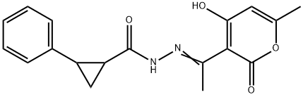 (E)-N'-(1-(4-hydroxy-6-methyl-2-oxo-2H-pyran-3-yl)ethylidene)-2-phenylcyclopropanecarbohydrazide Structure