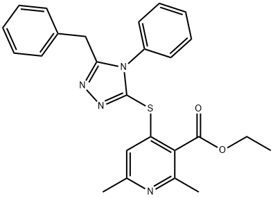 ethyl 4-((5-benzyl-4-phenyl-4H-1,2,4-triazol-3-yl)thio)-2,6-dimethylnicotinate Struktur