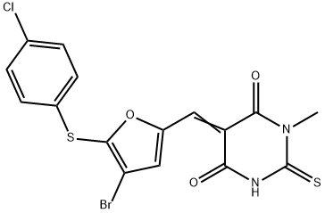 (5E)-5-({4-bromo-5-[(4-chlorophenyl)sulfanyl]furan-2-yl}methylidene)-1-methyl-2-thioxodihydropyrimidine-4,6(1H,5H)-dione 结构式