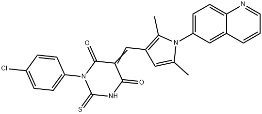 (5E)-1-(4-chlorophenyl)-5-{[2,5-dimethyl-1-(quinolin-6-yl)-1H-pyrrol-3-yl]methylidene}-2-thioxodihydropyrimidine-4,6(1H,5H)-dione,471920-38-4,结构式