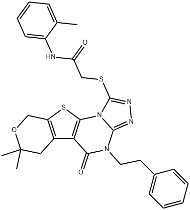 2-((7,7-dimethyl-5-oxo-4-phenethyl-5,6,7,9-tetrahydro-4H-pyrano[4',3':4,5]thieno[3,2-e][1,2,4]triazolo[4,3-a]pyrimidin-1-yl)thio)-N-(o-tolyl)acetamide Struktur