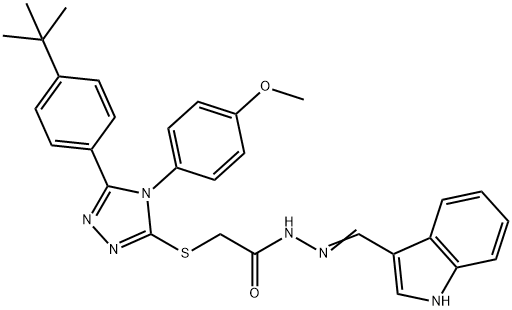 2-{[5-(4-tert-butylphenyl)-4-(4-methoxyphenyl)-4H-1,2,4-triazol-3-yl]sulfanyl}-N'-[(E)-1H-indol-3-ylmethylidene]acetohydrazide,496798-92-6,结构式