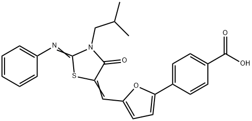 4-(5-{(Z)-[(2Z)-3-(2-methylpropyl)-4-oxo-2-(phenylimino)-1,3-thiazolidin-5-ylidene]methyl}furan-2-yl)benzoic acid Struktur