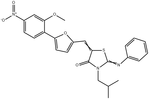 (2Z,5Z)-5-{[5-(2-methoxy-4-nitrophenyl)furan-2-yl]methylidene}-3-(2-methylpropyl)-2-(phenylimino)-1,3-thiazolidin-4-one Structure