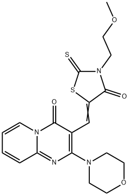 3-{[3-(2-methoxyethyl)-4-oxo-2-thioxo-1,3-thiazolidin-5-ylidene]methyl}-2-(4-morpholinyl)-4H-pyrido[1,2-a]pyrimidin-4-one Struktur