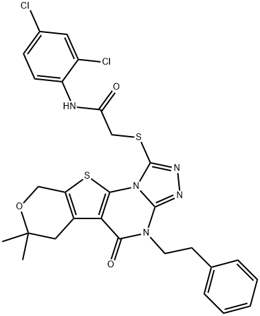 N-(2,4-dichlorophenyl)-2-((7,7-dimethyl-5-oxo-4-phenethyl-5,6,7,9-tetrahydro-4H-pyrano[4',3':4,5]thieno[3,2-e][1,2,4]triazolo[4,3-a]pyrimidin-1-yl)thio)acetamide Struktur