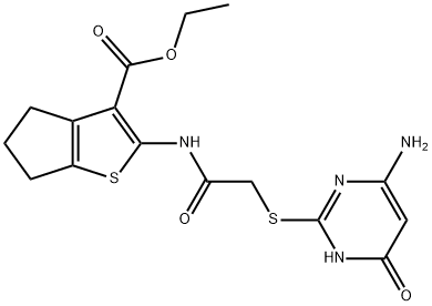 ethyl 2-({[(4-amino-6-oxo-1,6-dihydropyrimidin-2-yl)sulfanyl]acetyl}amino)-5,6-dihydro-4H-cyclopenta[b]thiophene-3-carboxylate 化学構造式