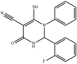 2-(2-Fluoro-phenyl)-6-mercapto-4-oxo-1-phenyl-1,2,3,4-tetrahydro-pyrimidine-5-carbonitrile 化学構造式