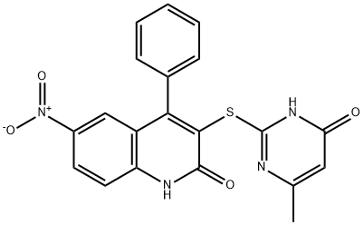 3-[(4-methyl-6-oxo-1,6-dihydropyrimidin-2-yl)sulfanyl]-6-nitro-4-phenylquinolin-2(1H)-one 化学構造式