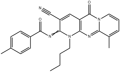 N-(1-butyl-3-cyano-10-methyl-5-oxo-1,5-dihydro-2H-dipyrido[1,2-a:2,3-d]pyrimidin-2-ylidene)-4-methylbenzamide Struktur