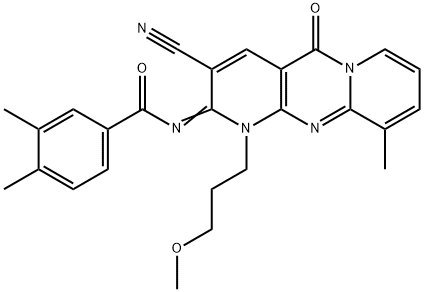 N-[3-cyano-1-(3-methoxypropyl)-10-methyl-5-oxo-1,5-dihydro-2H-dipyrido[1,2-a:2,3-d]pyrimidin-2-ylidene]-3,4-dimethylbenzamide Struktur