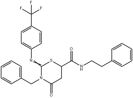 (2Z)-3-benzyl-4-oxo-N-(2-phenylethyl)-2-{[4-(trifluoromethyl)phenyl]imino}-1,3-thiazinane-6-carboxamide Struktur