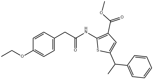 methyl 2-(2-(4-ethoxyphenyl)acetamido)-5-(1-phenylethyl)thiophene-3-carboxylate Struktur