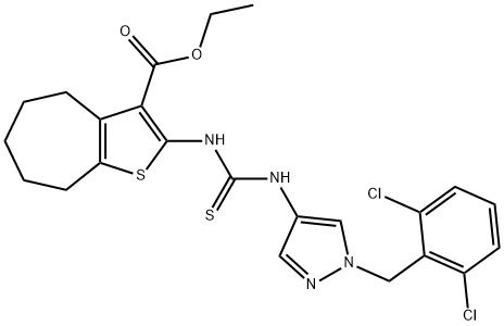 ethyl 2-(3-(1-(2,6-dichlorobenzyl)-1H-pyrazol-4-yl)thioureido)-5,6,7,8-tetrahydro-4H-cyclohepta[b]thiophene-3-carboxylate Structure