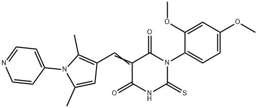 (5E)-1-(2,4-dimethoxyphenyl)-5-{[2,5-dimethyl-1-(pyridin-4-yl)-1H-pyrrol-3-yl]methylidene}-2-thioxodihydropyrimidine-4,6(1H,5H)-dione 化学構造式