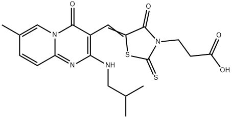 3-[(5Z)-5-({7-methyl-2-[(2-methylpropyl)amino]-4-oxo-4H-pyrido[1,2-a]pyrimidin-3-yl}methylidene)-4-oxo-2-thioxo-1,3-thiazolidin-3-yl]propanoic acid 化学構造式