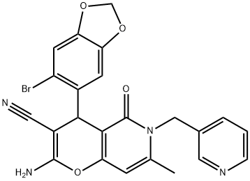 2-amino-4-(6-bromo-1,3-benzodioxol-5-yl)-7-methyl-5-oxo-6-(pyridin-3-ylmethyl)-5,6-dihydro-4H-pyrano[3,2-c]pyridine-3-carbonitrile Structure