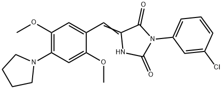 (5E)-3-(3-chlorophenyl)-5-[2,5-dimethoxy-4-(pyrrolidin-1-yl)benzylidene]imidazolidine-2,4-dione 结构式