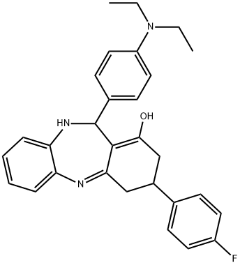 11-(4-(diethylamino)phenyl)-3-(4-fluorophenyl)-3,4,10,11-tetrahydro-2H-dibenzo[b,e][1,4]diazepin-1-ol 化学構造式