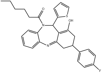 1-(3-(4-fluorophenyl)-1-hydroxy-11-(thiophen-2-yl)-3,4-dihydro-2H-dibenzo[b,e][1,4]diazepin-10(11H)-yl)hexan-1-one Struktur