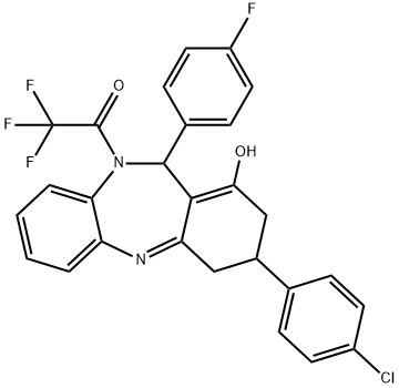 1-(3-(4-chlorophenyl)-11-(4-fluorophenyl)-1-hydroxy-3,4-dihydro-2H-dibenzo[b,e][1,4]diazepin-10(11H)-yl)-2,2,2-trifluoroethanone Structure