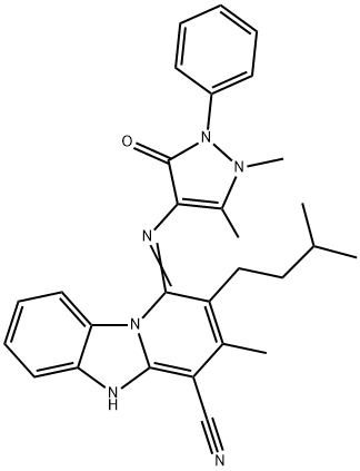 (E)-1-((1,5-dimethyl-3-oxo-2-phenyl-2,3-dihydro-1H-pyrazol-4-yl)imino)-2-isopentyl-3-methyl-1,5-dihydrobenzo[4,5]imidazo[1,2-a]pyridine-4-carbonitrile 结构式