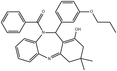 (1-hydroxy-3,3-dimethyl-11-(3-propoxyphenyl)-3,4-dihydro-2H-dibenzo[b,e][1,4]diazepin-10(11H)-yl)(phenyl)methanone 化学構造式