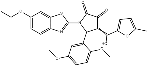 (E)-5-(2,5-dimethoxyphenyl)-1-(6-ethoxybenzo[d]thiazol-2-yl)-4-(hydroxy(5-methylfuran-2-yl)methylene)pyrrolidine-2,3-dione 化学構造式