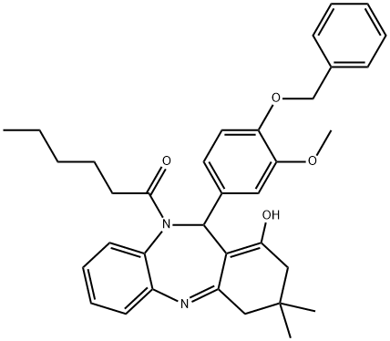 1-(11-(4-(benzyloxy)-3-methoxyphenyl)-1-hydroxy-3,3-dimethyl-3,4-dihydro-2H-dibenzo[b,e][1,4]diazepin-10(11H)-yl)hexan-1-one,672270-02-9,结构式