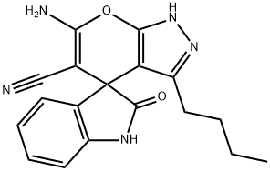 6'-amino-3'-butyl-2-oxo-1,2-dihydro-2'H-spiro[indole-3,4'-pyrano[2,3-c]pyrazole]-5'-carbonitrile Struktur