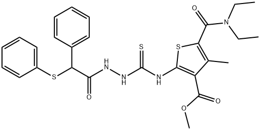 methyl 5-(diethylcarbamoyl)-4-methyl-2-(2-(2-phenyl-2-(phenylthio)acetyl)hydrazinecarbothioamido)thiophene-3-carboxylate Structure