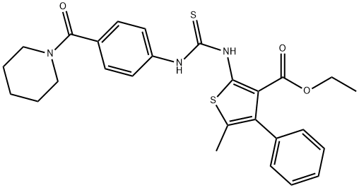 ethyl 5-methyl-4-phenyl-2-(3-(4-(piperidine-1-carbonyl)phenyl)thioureido)thiophene-3-carboxylate,708213-95-0,结构式