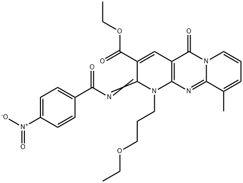 ethyl (2Z)-1-(3-ethoxypropyl)-10-methyl-2-{[(4-nitrophenyl)carbonyl]imino}-5-oxo-1,5-dihydro-2H-dipyrido[1,2-a:2',3'-d]pyrimidine-3-carboxylate 结构式