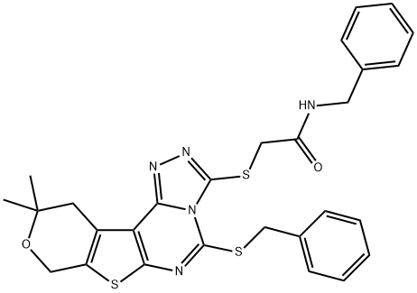 N-benzyl-2-((5-(benzylthio)-10,10-dimethyl-10,11-dihydro-8H-pyrano[4',3':4,5]thieno[3,2-e][1,2,4]triazolo[4,3-c]pyrimidin-3-yl)thio)acetamide Struktur