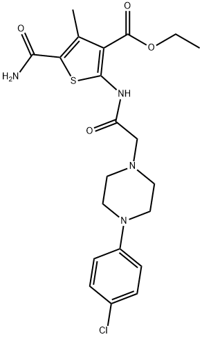 ethyl 5-carbamoyl-2-(2-(4-(4-chlorophenyl)piperazin-1-yl)acetamido)-4-methylthiophene-3-carboxylate 化学構造式