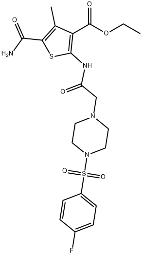 ethyl 5-carbamoyl-2-(2-(4-((4-fluorophenyl)sulfonyl)piperazin-1-yl)acetamido)-4-methylthiophene-3-carboxylate Structure