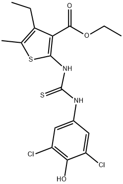ethyl 2-(3-(3,5-dichloro-4-hydroxyphenyl)thioureido)-4-ethyl-5-methylthiophene-3-carboxylate 化学構造式