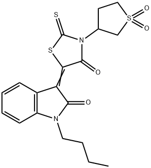 (3Z)-1-butyl-3-[3-(1,1-dioxidotetrahydrothiophen-3-yl)-4-oxo-2-thioxo-1,3-thiazolidin-5-ylidene]-1,3-dihydro-2H-indol-2-one Struktur
