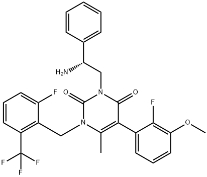 3-[(2R)-2-氨基-2-苯基乙基]-5-(2-氟-3-甲氧基苯基)-1-[[2-氟-6-(三氟甲基)苯基]甲基]-6-甲基-2,4(1H,3H)-嘧啶二酮,830346-50-4,结构式